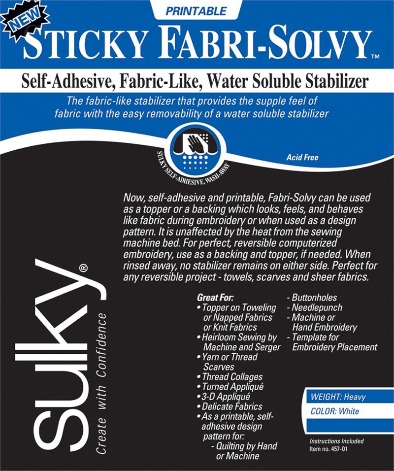 Sulky® Sticky Fabri-Solvy Self Adhesive Water Soluble Embroidery Stabi –  World Weidner
